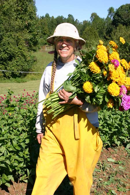 Cathy with zinnia harvest