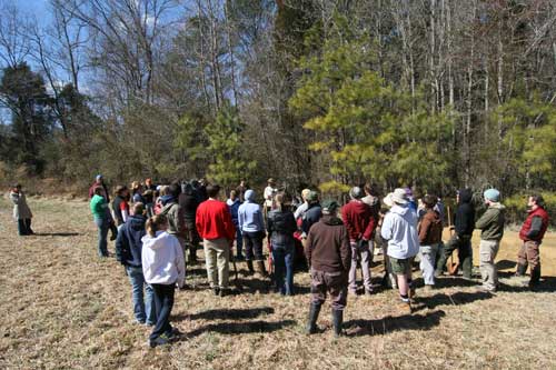 The mob gathers at the start of the afternoon for instructions on the day's tasks. 