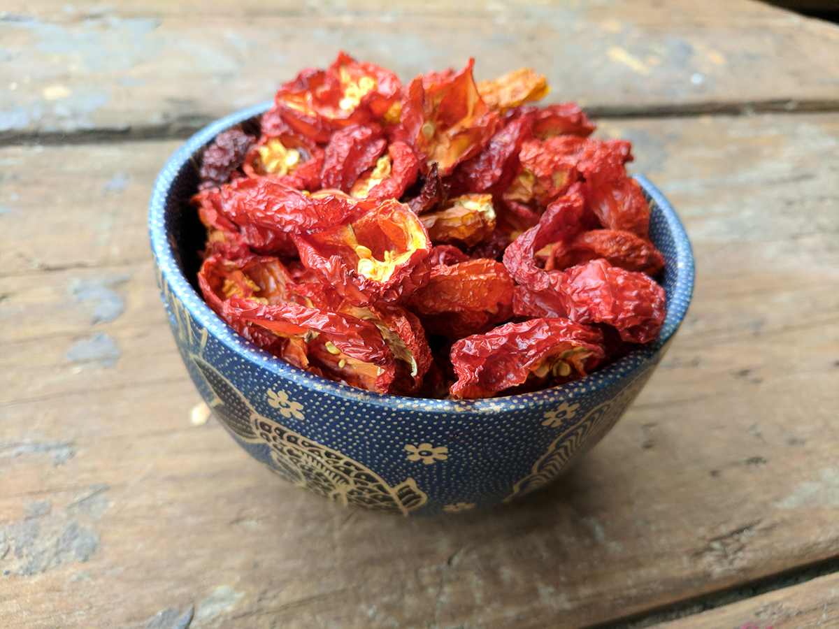 Dried ghost peppers grown at Fiddlehead Farm. Emily uses fresh peppers for hot sauce and pepper jelly. Dried peppers go in orange chili marmalade, spicy pickled green tomatoes and spicy tomato jam. 